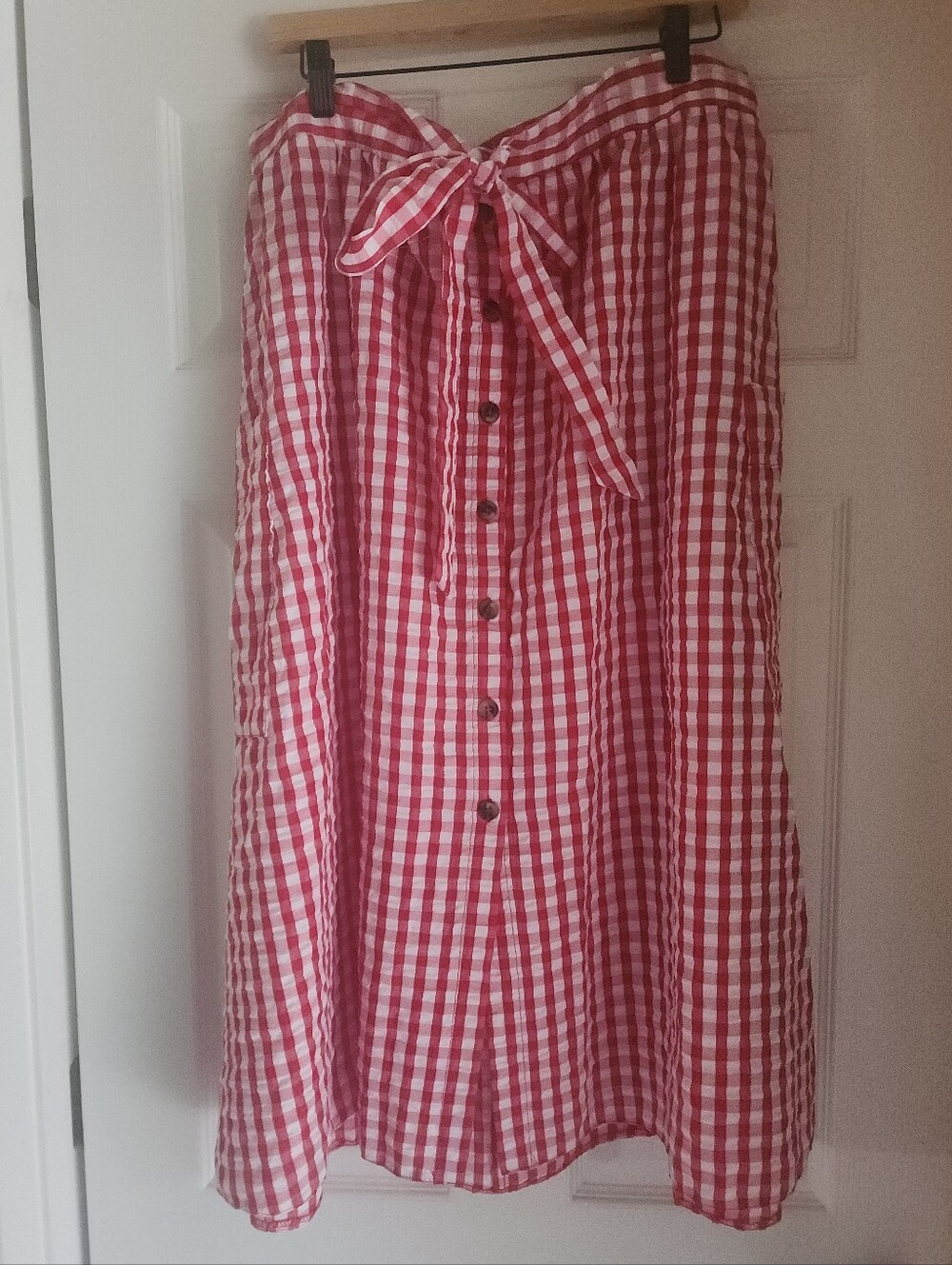 Red and White Gingham Prairie Midi Picnic Skirt With Pockets